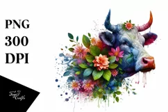 Abstract Vibrant Watercolor Cow with Plant Leaves and 3D Product Image 3