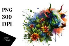 Abstract Vibrant Watercolor Cow with Plant Leaves and 3D Product Image 3
