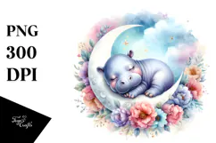 Whimsical Baby Hippo Sleeping with Flowers Product Image 1