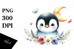 Colorful Baby Penguin Sitting with Moon | Clipart Product Image 1