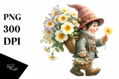 Detailed Watercolor of a Small Gnome Caring a Large Primrose Product Image 1