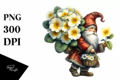 Detailed Watercolor of a Small Gnome Caring a Large Primrose Product Image 3