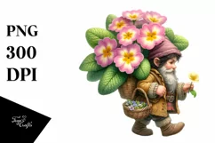 Detailed Watercolor of a Small Gnome Caring a Large Primrose Product Image 1