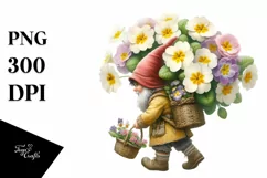 Detailed Watercolor of a Small Gnome Caring a Large Primrose Product Image 1