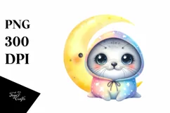 Cute Baby Hooded Seal with Moon | Clipart Product Image 1