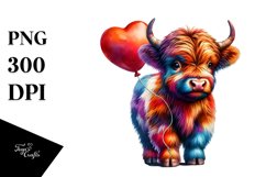 Colorful Baby Highland Cow with Heart Balloon PNG Product Image 1