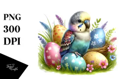 Cute Baby Parrot in Grass with Eggs, PNG Product Image 1