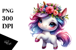 Cute Baby Unicorn with Floral Wreath,Watercolor PNG Product Image 1