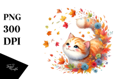 Colorful Watercolor Cat Tumbling with Autumn Leaves, Product Image 1