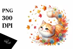 Colorful Watercolor Cat Tumbling with Autumn Leaves, Product Image 1