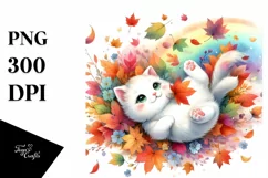 Colorful Watercolor Cat Tumbling with Autumn Leaves, Product Image 1