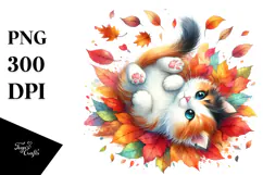 Colorful Watercolor Cat Tumbling with Autumn Leaves, Product Image 1