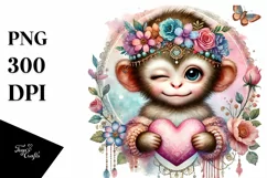Winking Baby Monkey with Heart Watercolor PNG Product Image 1