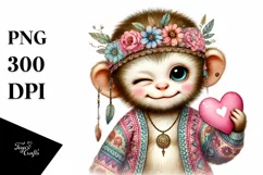 Winking Baby Monkey with Heart Watercolor PNG Product Image 1