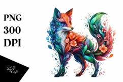 Abstract Vibrant Watercolor Fox with Plant Leaves and 3D Product Image 1