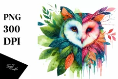 Abstract Vibrant Watercolor Owl with Plant Leaves, Product Image 1