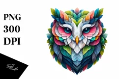 Abstract Vibrant Watercolor Owl with Plant Leaves, Product Image 3
