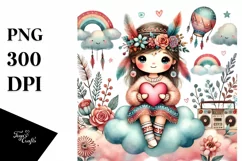 Colorful Cute Boho Heart Sitting on Cloud, PNG Product Image 1