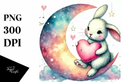 Colorful Bunny Heart Sitting on Half Moon, PNG Product Image 1