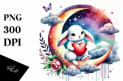 Colorful Bunny Heart Sitting on Half Moon, PNG Product Image 1
