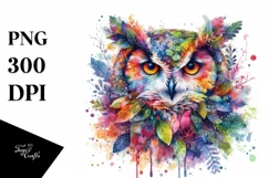 Abstract Vibrant Watercolor Owl with Plant Leaves, Product Image 1