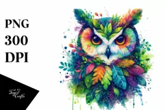 Abstract Vibrant Watercolor Owl with Plant Leaves, Product Image 3