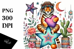 Colorful Boho Tiger Heart Holding Star, PNG Product Image 1