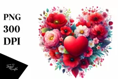 Watercolor Red Heart with Spring Flowers PNG Product Image 1
