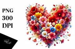 Watercolor Red Heart with Spring Flowers PNG Product Image 1
