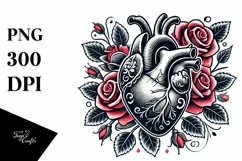 Simple Tattoo Style Heart with Roses, PNG Product Image 1