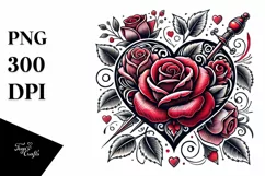 Simple Tattoo Style Heart with Roses, PNG Product Image 1