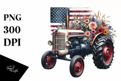 Watercolor Vintage Tractor with Flowers Clipart Product Image 1