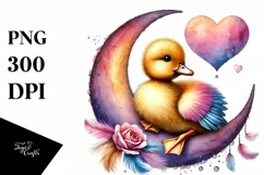 Baby Duck on Half Moon with Big Heart, PNG Product Image 1