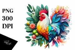 Vibrant Chicken with Flowers, Abstract PNG Product Image 3