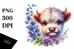 Watercolor Baby Highland Cow with Animal Print Clipart Product Image 1