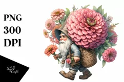 Detailed Watercolor of a Small Gnome Caring a Large Zinnia Product Image 3