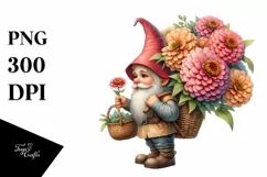 Detailed Watercolor of a Small Gnome Caring a Large Zinnia Product Image 3