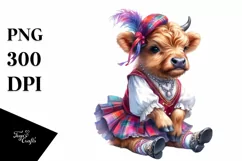 Colorful Baby Highland Cow with Minuet Dancer Outfit PNG Product Image 1