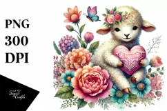 Colorful Boho Lamb Heart Sitting on Flower, PNG Product Image 1