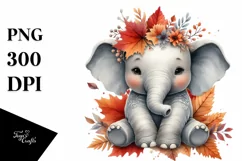Cute Baby Elephant with Autumn Leaves Watercolor Product Image 1