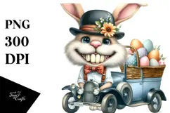 Watercolor Bunny with Eggs on Car, PNG Product Image 1