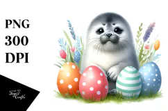 Cute Baby Seal in Grass with Easter Eggs, PNG Product Image 1