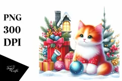 Watercolor Cat with Christmas Decorations PNG Product Image 1