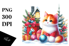 Watercolor Cat with Christmas Decorations PNG Product Image 1