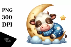 Cute Baby Cow Sleeping on the Moon Clipart Product Image 3