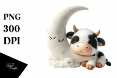 Cute Baby Cow Sleeping Moon | Watercolor Clipart Product Image 1