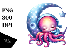 Whimsical Baby Octopus Sleeping on Moon | Clipart Product Image 1