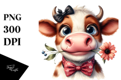 Funny Cow with Bow and Flower, PNG Product Image 1