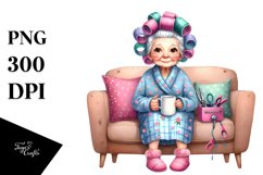 Watercolor Old Lady Sitting on Sofa Clipart Product Image 1
