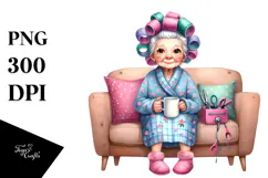 Watercolor Old Lady Sitting on Sofa Clipart Product Image 1